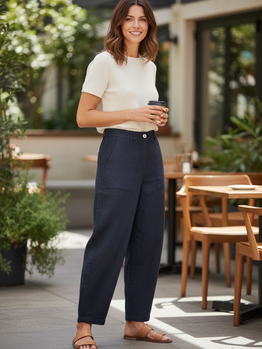 Oska Navy Linen Barrel Leg Pants Lagenlook Art to Wear Relaxed Coastal Size 6
